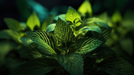 Peppermint leaves in the garden. Selective focus. Toned.の素材