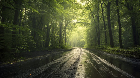 Beautiful green forest in the morning with sunbeams and fogの素材