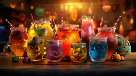 Colorful Halloween cocktails in jars on wooden table. Halloween party conceptの素材