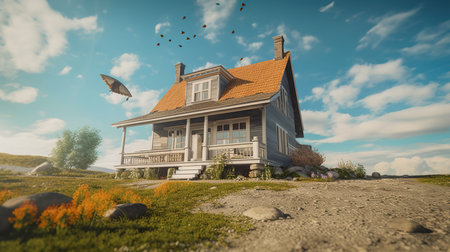 Old wooden house on a background of blue sky with clouds. Retro style.の素材