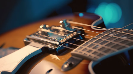 Close up of electric guitar on blue background with shallow depth of fieldの素材