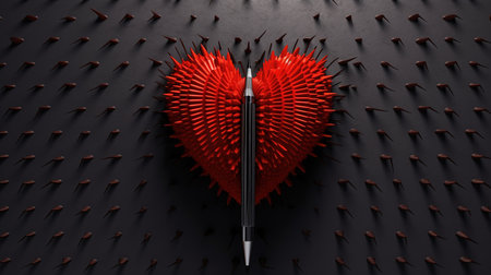 Red heart with a pen on a black background. 3d renderingの素材