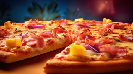 Pizza with ham, cheese, pineapple and red onion on a dark backgroundの素材