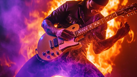 Man playing electric guitar on fire background. Rock music concept. Close up.の素材