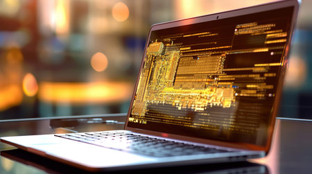 Close up of laptop with programming code on screen. Programming and coding concept. 3D Renderingの素材