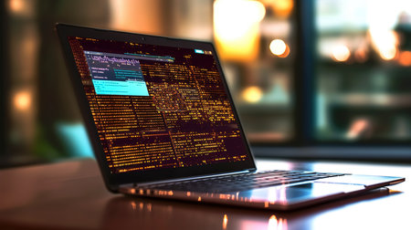 Close up of laptop with programming code on the screen. 3d renderingの素材
