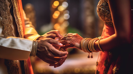 Hands of indian bride and groom holding wedding rings on wedding ceremonyの素材