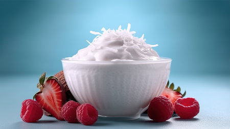 Coconut yogurt with fresh raspberries and strawberries on blue backgroundの素材