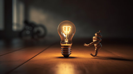 Light bulb with a man in the background. 3D rendering.の素材