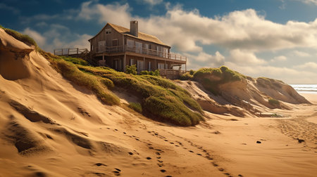Wooden house in the sand dunes on the Atlantic coast.の素材