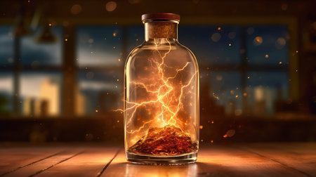 Conceptual image with lightning in a glass bottle. Mixed mediaの素材