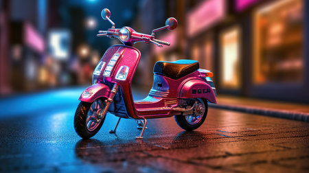 3D rendering of a classic scooter in the city at nightの素材