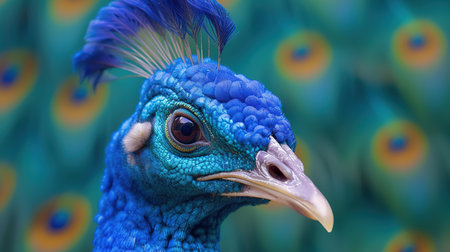 Portrait of beautiful peacock with feathers out. Colorful backgroundの素材