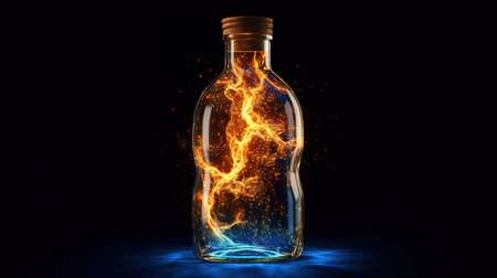 Burning magic potion in bottle on black background. 3D renderingの素材