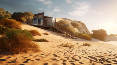 Wooden house on the sand dunes at sunset. 3d renderの素材