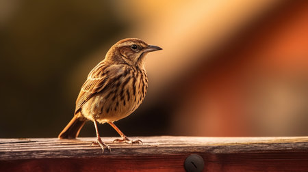 Beautiful sparrow on a wooden fence in the rays of sunsetの素材
