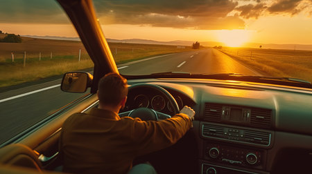 Man driving a car on the highway at sunset. View from the driver's seat.の素材