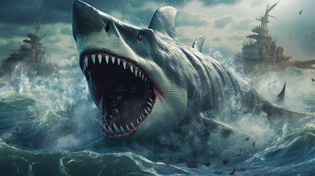 Great White Shark in stormy sea. 3d render illustration.の素材