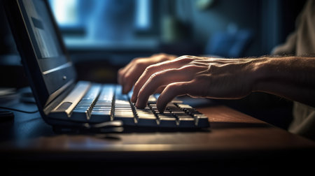 Close-up of a man's hands typing on a computer keyboardの素材