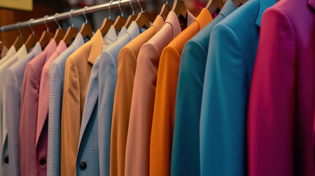 Colorful shirts hanging on a rack in a fashion store. Selective focus.の素材