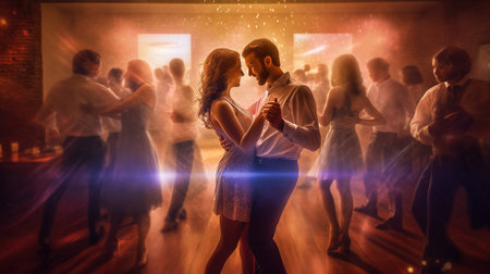 Young couple dancing tango at night club with lights and smoke.の素材