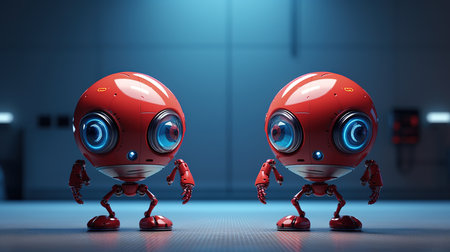 3d rendering red robot couple in the hallway of a modern buildingの素材