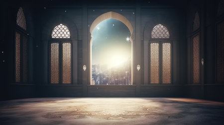 3d rendering of ramadan kareem mosque door at nightの素材