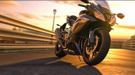 3d render of a sports motorbike on the road at sunsetの素材