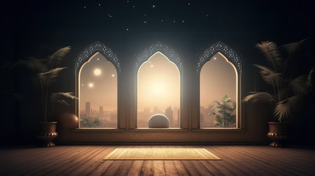 3d rendering of mosque window overlooking the city in the evening.の素材