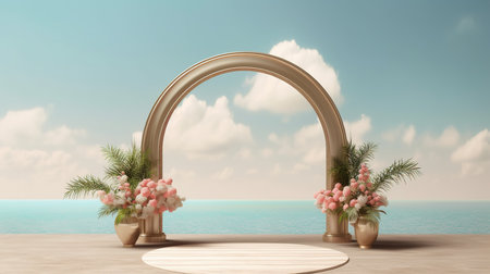 3d render of arch with flowers and sea background for product displayの素材