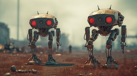 3D rendering of two old robot in an abandoned factory. Futuristic artificial intelligence concept.の素材