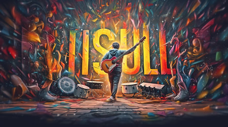 Musical background with guitarist and music instruments. 3d illustration.の素材