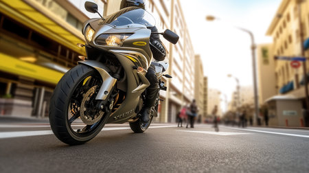 3d rendering of a sports motorbike in the city street.の素材