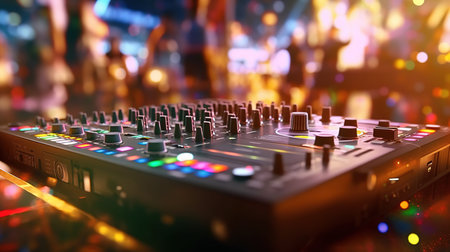 DJ mixer in nightclub with colorful lights. 3d rendering toned imageの素材