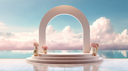 3d rendering of podium with arch and flowers on sky background.の素材