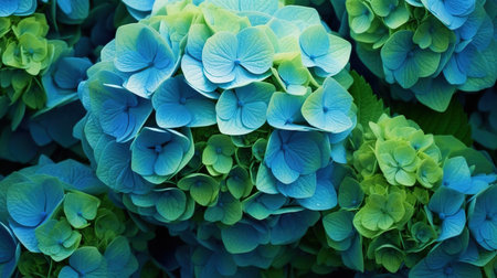 Blue hydrangea flowers as a background. Top view.の素材