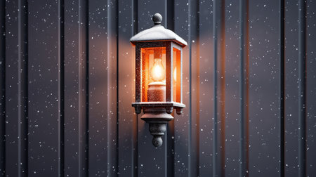 Lantern on a wooden wall in the snow. Christmas background.の写真素材