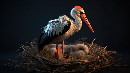 Painted stork in the nest on a black background. 3d renderの写真素材