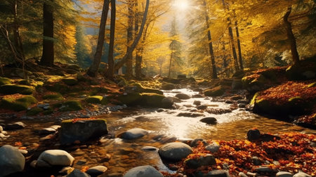Beautiful autumn landscape with a river in the forest and sun rays