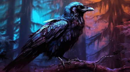 Halloween crow in the forest. 3d rendering. Computer digital drawing.の写真素材
