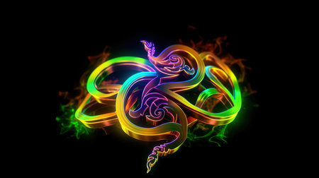 Colorful neon snake shape on a black background. 3d illustrationの写真素材