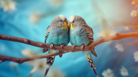 Budgerigar couple sitting on a branch of a treeの写真素材