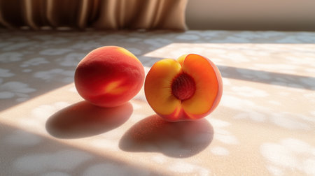 Peach fruits on the table in the sunlight. Summer concept.