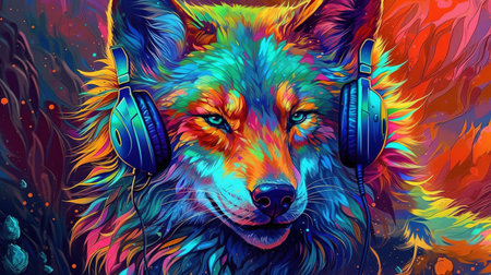 Wolf listening to music with headphones. Colorful vector illustration of a wolf.