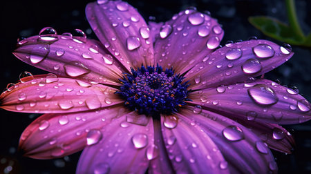 Close up of a purple daisy with water drops on petalsの写真素材