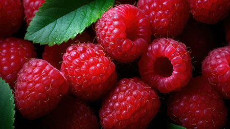 Raspberry background. Ripe raspberries with green leaves.