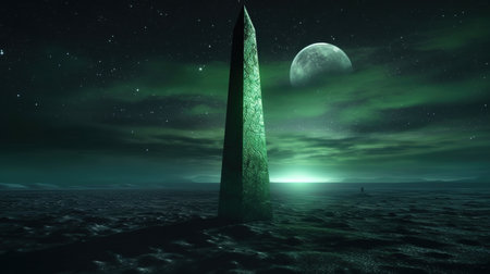 3D rendering of a stone lighthouse at night with a full moonの写真素材