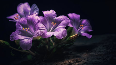 Beautiful purple crocus flowers on dark background. Toned.の写真素材