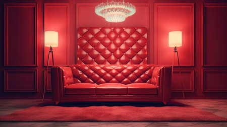 Red luxury sofa in classic interior with floor lamp. 3D renderの写真素材