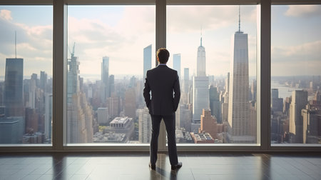Businessman looking at New York city through window, 3D renderingの写真素材